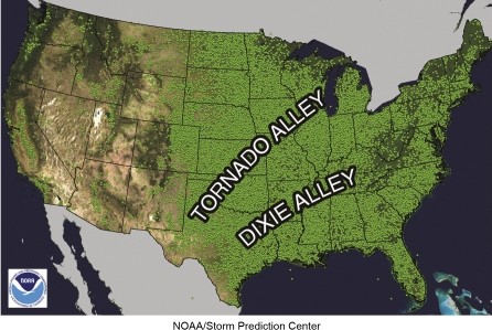 Each green dot on the tornado map represents  