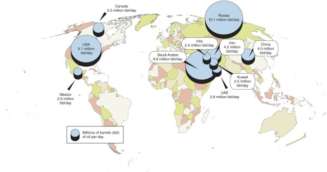 Which country has the greatest production of crude oil according to the map?
