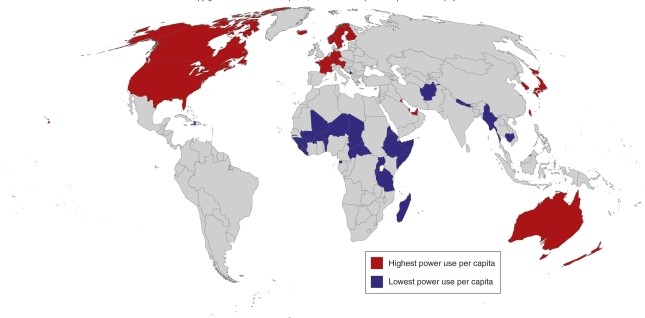 According to the map, the highest per capita power use regions are