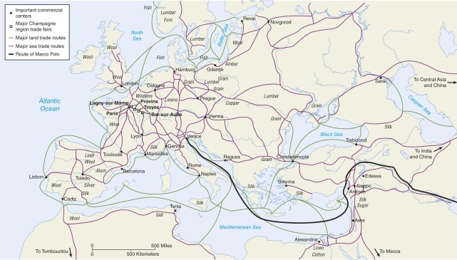 <strong>On the map of trade routes in the Middle Ages the green lines signify ____________ while the purple lines are __________________. </strong> A)political boundaries;cultural watersheds B)mountainous physical boundaries;railroads C)sea routes;land routes D)German roads;Roman roads