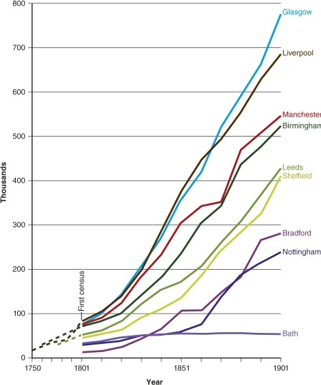 <strong>On the graph of growth of British cities during the 1800s, the rising lines represent </strong> A)increasing agricultural capacity. B)increasing market sales. C)decreasing road network density. D)increasing city population.