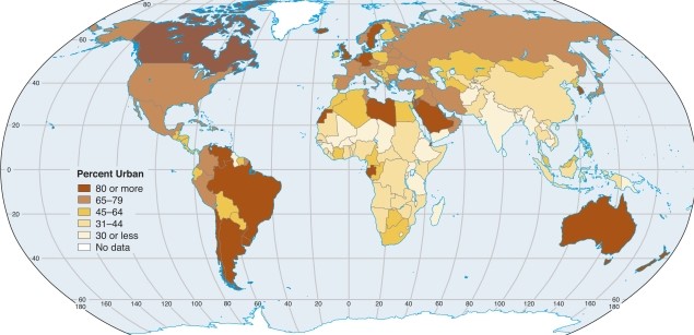 <strong>According to the map of world urban percentages, the area that is the least urbanized is </strong> A)North America. B)Europe. C)Australia. D)Africa.