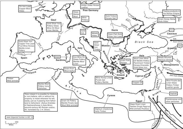 <strong>On the map of the economy of the Roman Empire, items coming from Spain included </strong> A)gold, silver, and wine. B)iron, glass, and marble. C)honey, linen, and dye. D)pottery, timber, and emeralds.