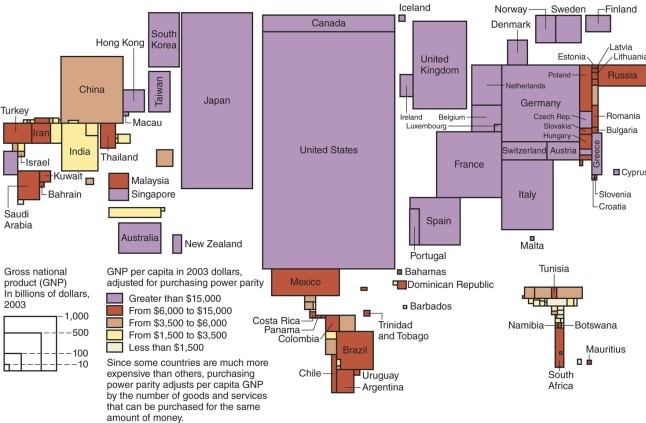 <strong>The map of the size of the economies (GNP) of the world's countries (a cartogram) shows which country the largest in size? </strong> A)Japan B)Brazil C)China D)United States