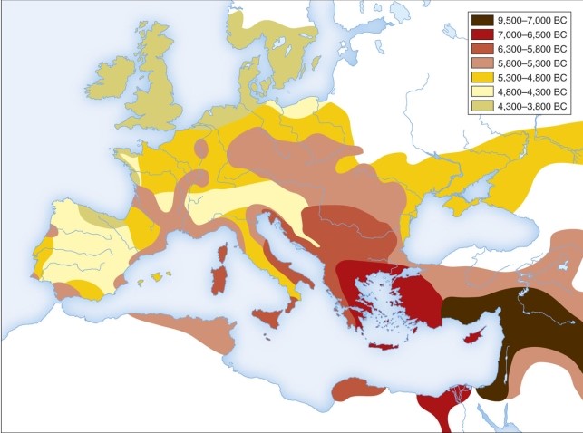 <strong>The map of agriculture diffusion in Europe shows agriculture entering around the Aegean Sea (around Greece and Turkey) </strong> A)in the step immediately after Fertile Crescent agriculture. B)in the last step seen on the map. C)about the same time as agriculture entered the Italian peninsula. D)the same time that agriculture entered the British Isles.