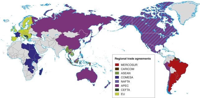 <strong>According to the map of regional trade blocs, which area of the world has no affiliation? </strong> A)most of Asia B)Europe C)much of the Americas D)much of central Asia and Africa
