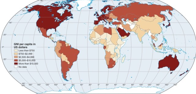 According to the map, which of the following is a country in the highest category shown?