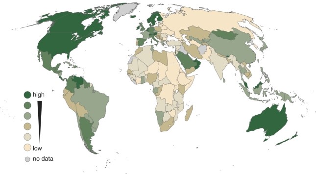 <strong>The map of subjective global 'happiness' shows </strong> A)no correlation between development and well-being. B)some correlation between development and well-being. C)a fairly strong relationship between development and well-being. D)many countries which are apparently suicidal.