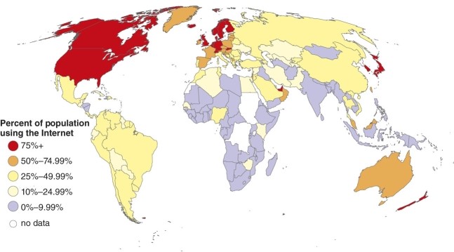 <strong>According to the map portraying Internet usage which area is not as likely to have Internet users? </strong> A)the U.S.and Canada B)Japan and South Korea C)Germany and Sweden D)Italy and Spain
