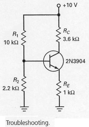 While troubleshooting the circuit shown in Figure 7-26,the base voltage measures 1.8 V and the collector voltage measures 10 V,what should the technician do?