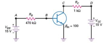 <strong>What is the possible problem if B is equal to 0 V and C is equal to 15 V? </strong> A) transistor is shorted B) R<sub>B</sub> is open C) V<sub>CC</sub> is 0 V D) transistor is blown open