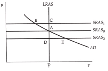 <strong>Use the following to answer questions : Exhibit: Supply Shock (Exhibit: Supply Shock)Assume that the economy starts at point A and there is a drought that severely reduces agricultural output in the economy for just one year.In this situation,point ______ represents the short-run equilibrium immediately following the drought and point ______ represents the eventual long-run equilibrium.</strong> A) B; C B) B; A C) E; D D) D; A