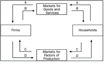 <strong>Figure 2-1   Refer to Figure 2-1. Which arrow shows the flow of the factors of production?</strong> A)arrow A B)arrow B C)arrow C D)arrow D <div style=padding-top: 35px> 