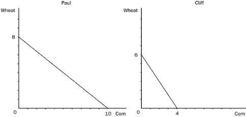 Figure 3-1 -Refer to Figure 3-1. Assume that Cliff and Paul were both producing wheat and corn, and each was dividing their time equally between the two. Then they decide to specialize in the product they have a comparative advantage in. What would happen to the total production of corn?