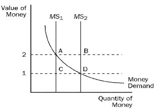 Figure 12-1 -Refer to Figure 12-1. If the money supply is MS<sub>2</sub> and the value of money is 2, then there is an excess