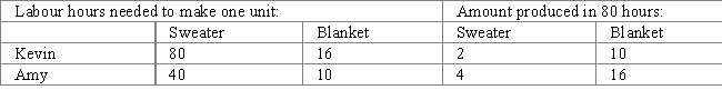 <strong>Table 3-3 Refer to Table 3-3.What does each of the two producers have a comparative advantage in?</strong> A) Kevin has a comparative advantage in blankets,and Amy has a comparative advantage in sweaters. B) Kevin has a comparative advantage in sweaters,and Amy has a comparative advantage in blankets. C) Kevin has a comparative advantage in neither good,and Amy has a comparative advantage in both goods. D) Kevin has a comparative advantage in both goods,and Amy has a comparative advantage in neither good.