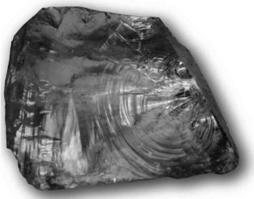 <strong>The image below shows a mineral specimen of quartz. What is the term for the smoothly curving, clamshell-shaped surface on the sample below? </strong> A)conchoidal fracture B)facet C)cleavage plane D)striation