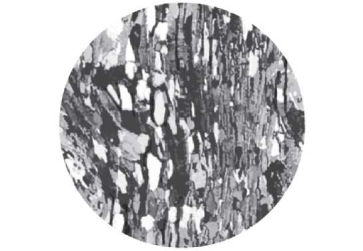 Draw the orientation of the preferential stress that created the foliation in the image below.