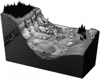 <strong>Consult the figure below. In what kind of terrain would you expect to find a placer deposit? </strong> A)a dry lake bed B)a mountain peak C)the ocean floor D)a streambed