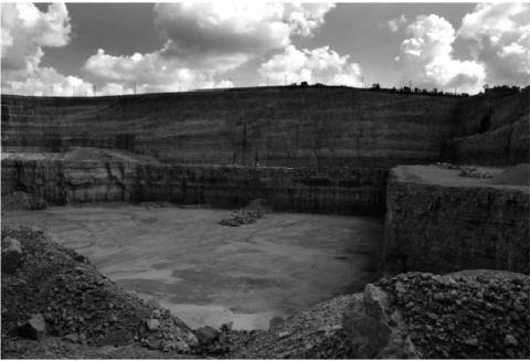 <strong>The image below is of a limestone quarry in Illinois. On the wall at the very back of the quarry you can see geologic strata that appear to curve upward. What type of depositional environment do these layers represent? </strong> A)lines made by the miners as they remove material B)cross-bedding produced at eolian sand dunes C)layers of deep marine, sedimentary basin deposits D)layers of shallow marine, continental shelf deposits