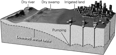 <strong>If someone were to dump chemicals into a dry river, such as the one shown below, those chemicals would  </strong> A)evaporate into the atmosphere and no longer be a danger. B)remain in the soil but would not make it into the groundwater. C)seep into the groundwater but flow away from the city's wells. D)end up flowing with the groundwater toward the city's wells. <div style=padding-top: 35px> 