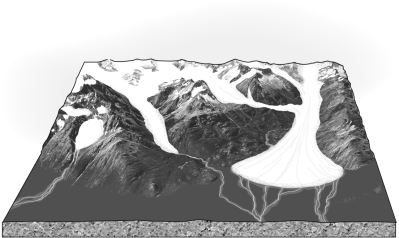 Label the glaciers in the image below using words from the word bank included (hint: not all the names will be used). piedmont glacier cirque glacier continental glacier valley glacier ice apron tidewater glacier hanging glacier mountain ice cap
