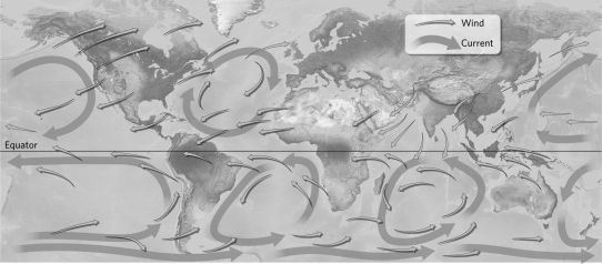 <strong>According to this map, upwelling currents are most likely found at the </strong> A)North Pole. B)equator. C)tropics. D)South Pole