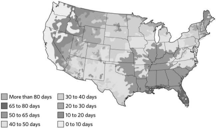 Using the figure below, where are thunderstorms most likely to occur in the United States?