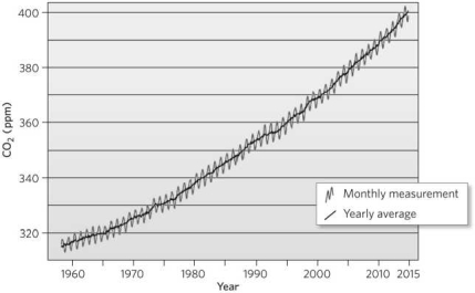 <strong>The image below is of the Keeling Curve. This tells us that the concentration of carbon dioxide in the Earth's atmosphere over the past 50 years </strong> A)is increasing. B)is decreasing. C)is constant. D)fluctuates on a 10-year cycle.