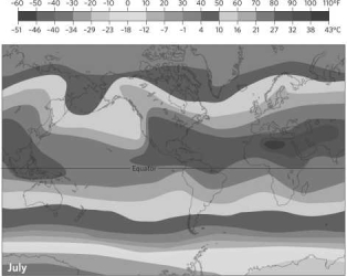 <strong>Based on the image below, which region of the planet experiences the warmest temperatures in July? </strong> A)Mexico B)northern Africa C)central Africa D)southern Africa