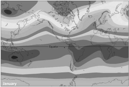 <strong>Based on the image below, which region of the planet experiences temperatures most similar to those of the western United States in January? </strong> A)Mexico B)Europe C)western South America D)India