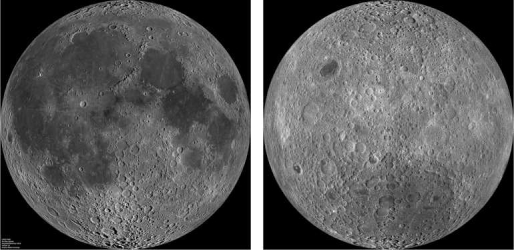<strong>The pictures below show the near side of the moon and the far side of the moon. Why does the near side appear darker than the far side?  </strong> A)The far side of the moon is brighter because it receives more regular solar radiation. B)The far side of the moon is characterized by the lunar highlands, which are relatively rugged and have a high albedo. C)The near side of the moon is characterized by the maria, which has a high albedo. D)The near side of the moon is marked by large impact craters, which tend to be dark. <div style=padding-top: 35px> 