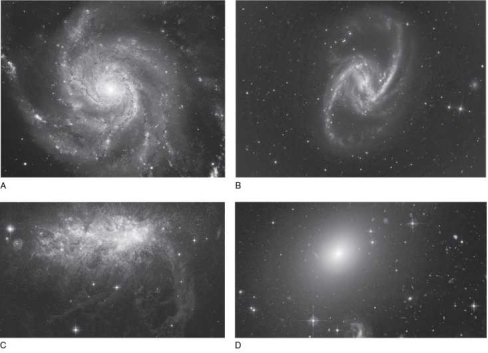 <strong>Identify which galaxy type matches each image below.  </strong> A)A = spiral; B = barred spiral, C = irregular, D= elliptical B)A = barred spiral; B = spiral, C = irregular, D= elliptical C)A = barred spiral; B = irregular, C = elliptical, D = spiral D)A = irregular; B = spiral, C = barred spiral, D= elliptical <div style=padding-top: 35px> 