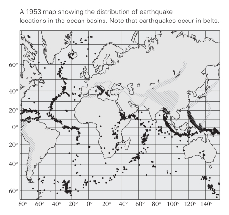 <strong>This map depicts earthquakes,which coincide with areas where ___________. </strong> A)volcanoes also regularly occur B)movements of the crust take place C)rocks break and move D)All of the above are correct.