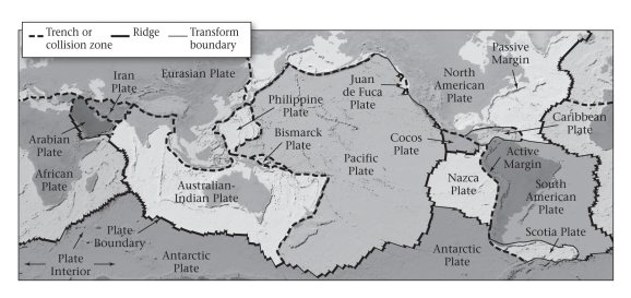 <strong>According to the figure below,every plate boundary can be recognized by ____________.  </strong> A)the presence of active volcanoes B)the presence of an earthquake belt C)a deep chasm that can be seen from space D)None of the above are correct. <div style=padding-top: 35px> 