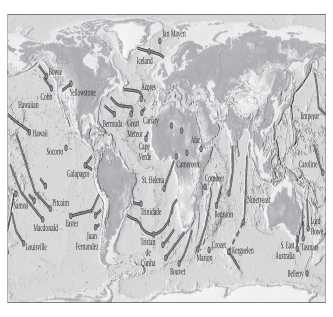 <strong>Consult the figure below.Hot-spot tracks result from moving _____________.  </strong> A)mantle plumes B)plates C)hot spots D)asthenosphere <div style=padding-top: 35px> 