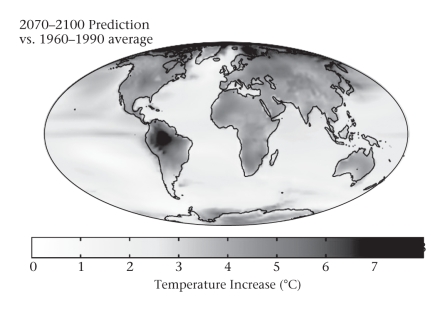<strong>Looking at the predicted changes in temperature predicted for the Earth in the figure below,which hemisphere appears most likely to be warming most quickly or severely?  </strong> A)the northern hemisphere B)the southern hemisphere C)The northern and southern hemispheres appear to be warming equally. <div style=padding-top: 35px> 