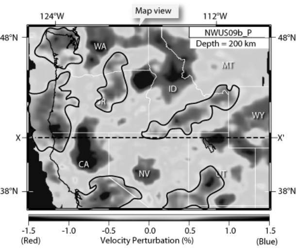 <strong>The picture below shows a seismic tomography image of the western United States.What is the relative temperature of the blue regions (darker grey regions not outlined in black)versus the red regions (darker grey regions outlined in black)?  </strong> A) The blue regions are warmer than the red regions. B) The red regions are colder than the blue regions. C) The red regions are warmer than the blue regions. D) The colors are not indicative of temperature, only velocity. <div style=padding-top: 35px> 