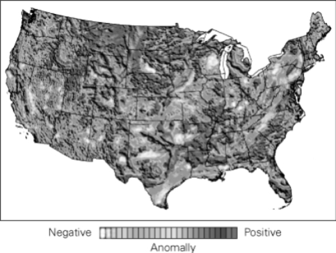 <strong>The following picture is that of a gravity map of the United States.What do the dark grey regions mean in terms of the density of the material below?  </strong> A) high-density rock B) low-density rock C) rock of high magnetization D) rock of low magnetization <div style=padding-top: 35px> 
