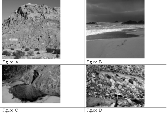 <strong>Which of the following is NOT sediment?  </strong> A) Figure A B) Figure B C) Figure C D) Figure D <div style=padding-top: 35px> 