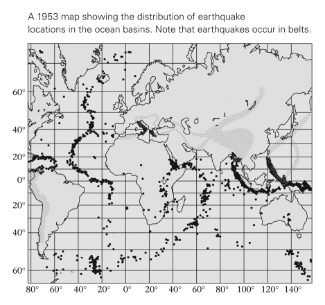<strong>This map depicts earthquakes,which coincide with areas where ___________. </strong> A) volcanoes also regularly occur B) movements of the crust take place C) rocks break and move D) All of the above are correct.