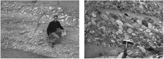 <strong>Consult the figure below.Breccia and conglomerate most likely formed from deposits in a ______________. </strong> A) desert B) lake C) mountain stream