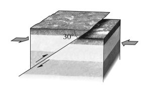 <strong>If,during an earthquake,a hanging wall slides upward relative to a footwall,the fault is termed ____________ if the fault is shallow (much closer to horizontal than vertical).  </strong> A) normal B) reverse C) strike slip D) thrust <div style=padding-top: 35px> 