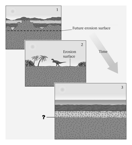 <strong>The surface below sedimentary rocks that overlie igneous or metamorphic rocks is termed a(n)____________. </strong> A) disconformity B) angular unconformity C) nonconformity
