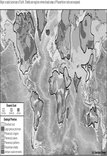 <strong>In the figure below,what are the areas encircled by the thick black lines?  </strong> A) orogens (areas of orogeny) B) platforms C) cratons D) former shallow inland seas <div style=padding-top: 35px> 