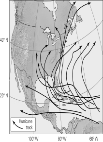 <strong>Why do you think most of the hurricane storm tracks on the figure below curve to the right? </strong> A) The advance portions of the huge hurricane air mass begins to encounter either the Rocky Mountains (and is deflected north) or the Appalachians (and is deflected northeastward). B) Hurricanes are routed to the ocean currents/flow of the underlying North Atlantic Gyre. C) The Coriolis effect deflects them to the right because this is in the northern hemisphere. D) They don't really curve right; it looks that way only because of map distortion.