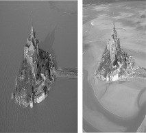 <strong>Mt.Saint-Michel is separated from mainland Europe by approximately 1000 ft of relatively shallow water at high tide (as shown at left),but at low tide it is part of the wide,exposed intertidal zone (as shown at right).What might you infer about the size the sediment clasts found on the exposed surface at low tide? </strong> A) The clasts are large because waves would remove small clasts. B) The clasts are small because the wide, gently-sloped bottom would diminish wave strength, thus decreasing the waves' erosive power. C) The clasts are large because the rough seas of the area routinely move large cobbles across the shallow bottom. D) The clasts are salt particles that precipitate and grow when the tide is out and quickly dissolve when the tide comes in.