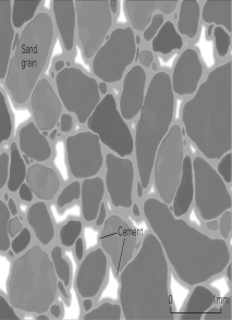 <strong>Why will the sandstone shown in the figure below probably not be permeable? </strong> A) There isn't enough pore space. B) The pore spaces are too small for water to flow through. C) The pore spaces are not connected enough D) Both a and b are correct.
