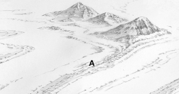 <strong>In the glacier shown below,the diagonally oriented feature at location A is a(n)___________. </strong> A) esker B) medial moraine C) crevasse D) cirque
