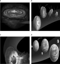 <strong>Which of the following images shows the formation of the Moon? </strong> A)A B)B C)C D)D